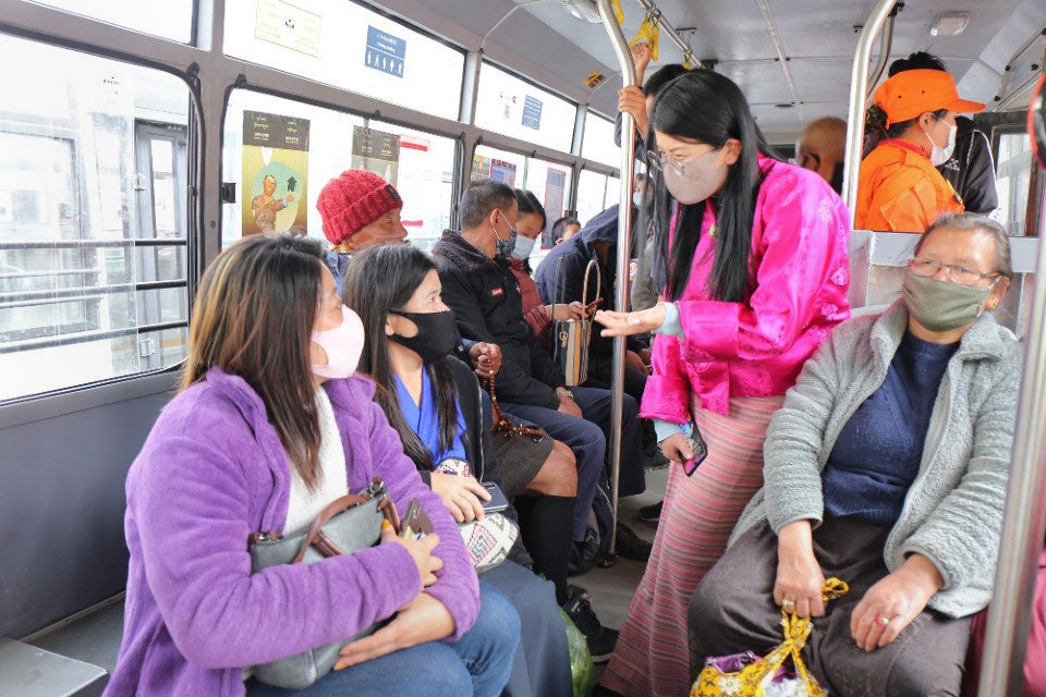 Bus conductor Kelsang Tshomo is helping end gender-based violence among her colleagues and passengers in Thimpu, Bhutan. Photo: UNFPA Bhutan/Sunita Giri