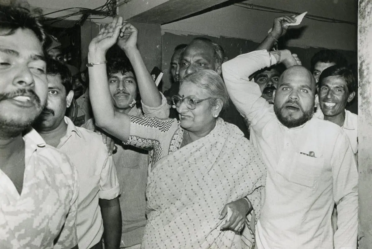 Mohini Giri during an election victory celebration in the early 1990s. Mohini Giri during an election victory celebration in the early 1990s.