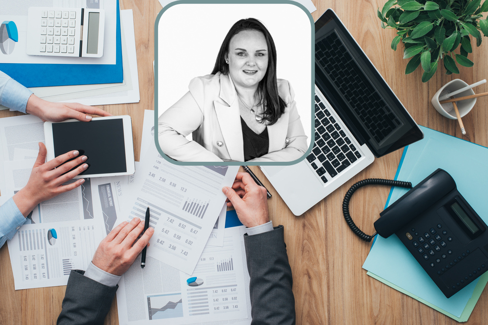 Woman inset on image of accounting meeting.