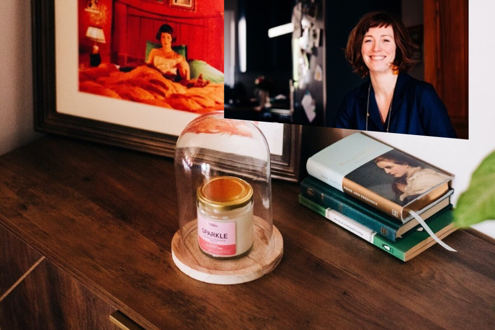 Woman inset on image of a candle in a glass.