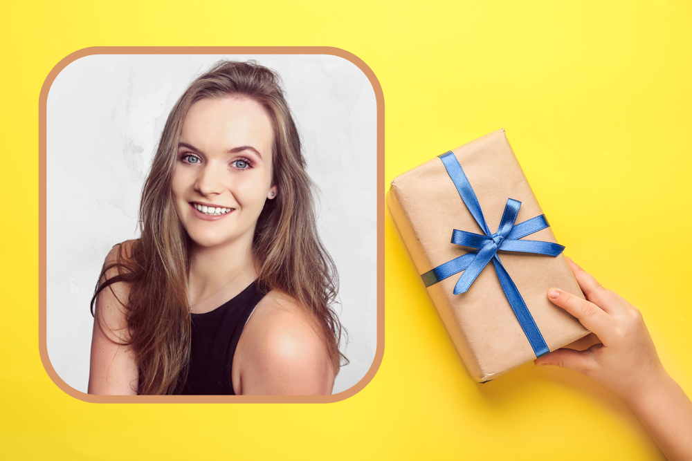 Woman inset on image of someone giving wrapped present.